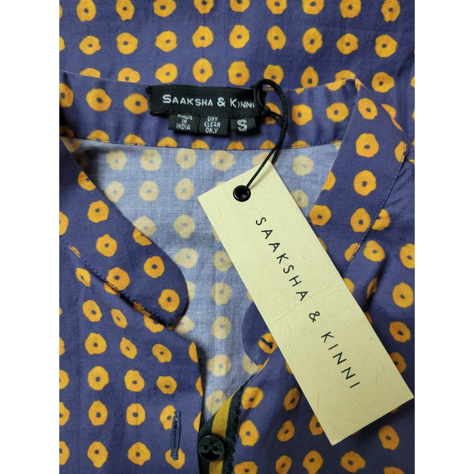 Saaksha & Kinni Indigo Gold Polka Dot Mandarin Collar Button Down Shirt Blouse S — image 4 of 8